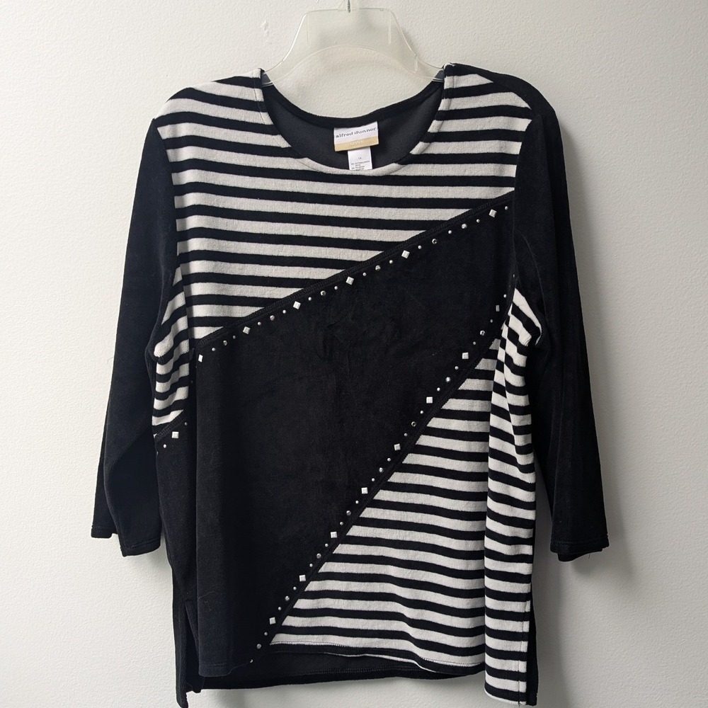 Velour Top Black White Striped Silver Studded 1X Winter Whimsigoth Cozy Soft